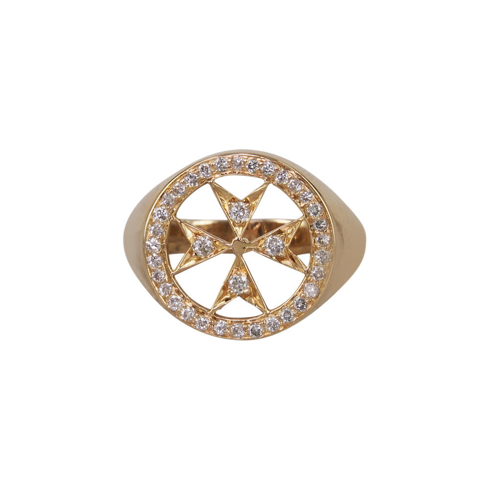 14k Yellow Gold Pinky Ring with Pave Diamond Maltese Emblem