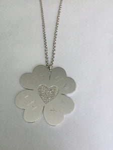 14k White Gold Clover Pendant with Pave Diamond Heart (Customizable)
