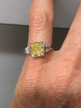 Load image into Gallery viewer, Radiant Cut Yellow Diamond Engagement Ring with Handmade Platinum Setting (2.85 Carat)
