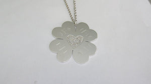 14k White Gold Clover Pendant with Pave Diamond Heart (Customizable)
