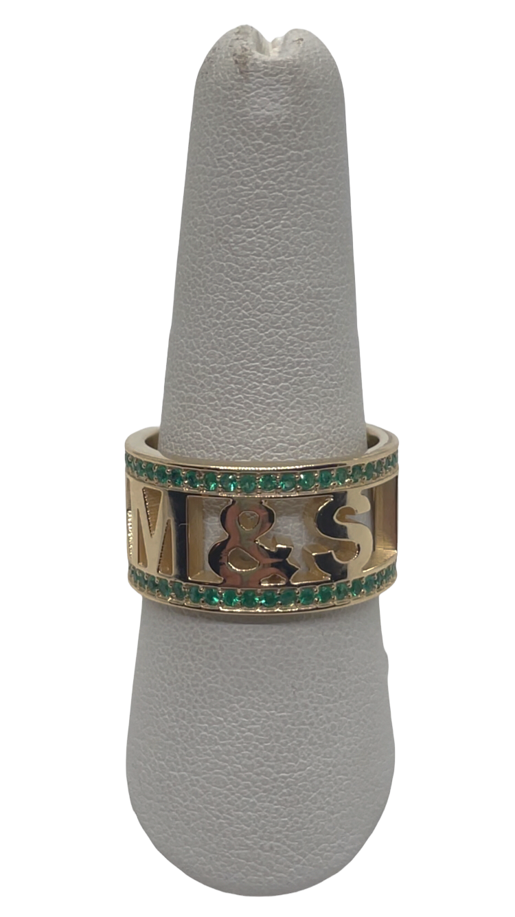 14k Yellow Gold Note Ring with Pave Emeralds