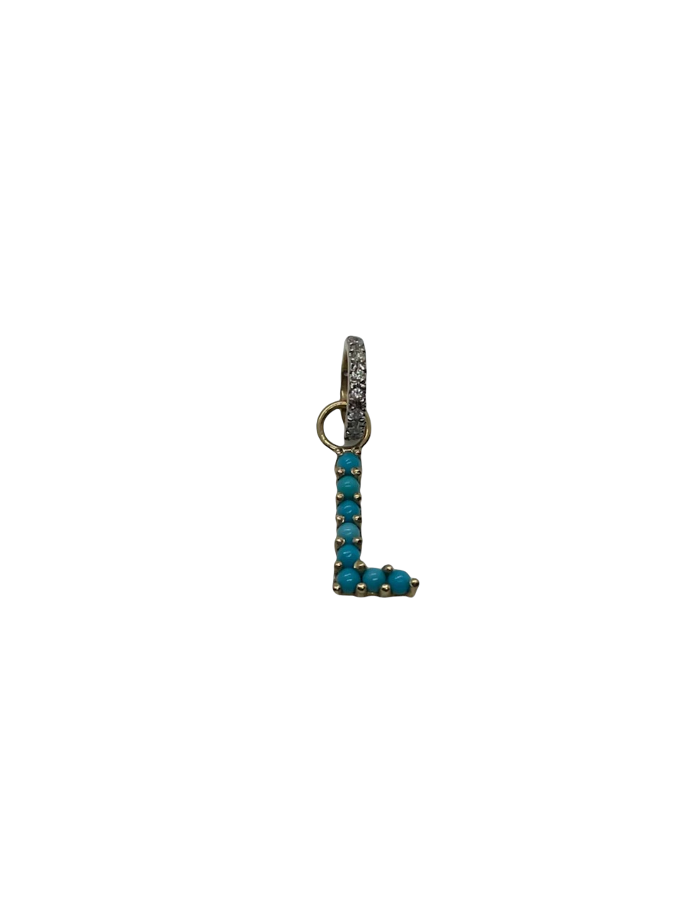 Turquoise L with pave diamond jumpring set in 14k Yellow Gold