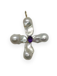 Baroque Pearl Pendant with Aquamarine or Amethyst Center set in 14k Yellow Gold