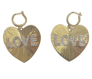 14K Sunburst Edged Heart Earrings on Huggies with Pave Diamond Letters (Customizable)
